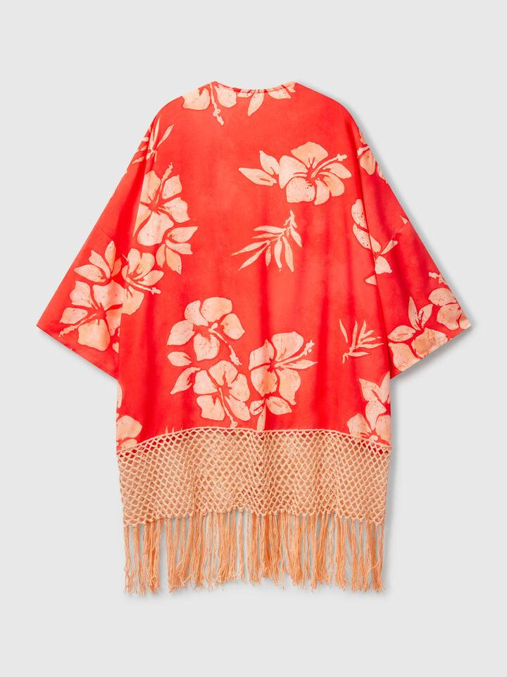 Benetton Kimono Sweater With Floral Print Orange Coral
