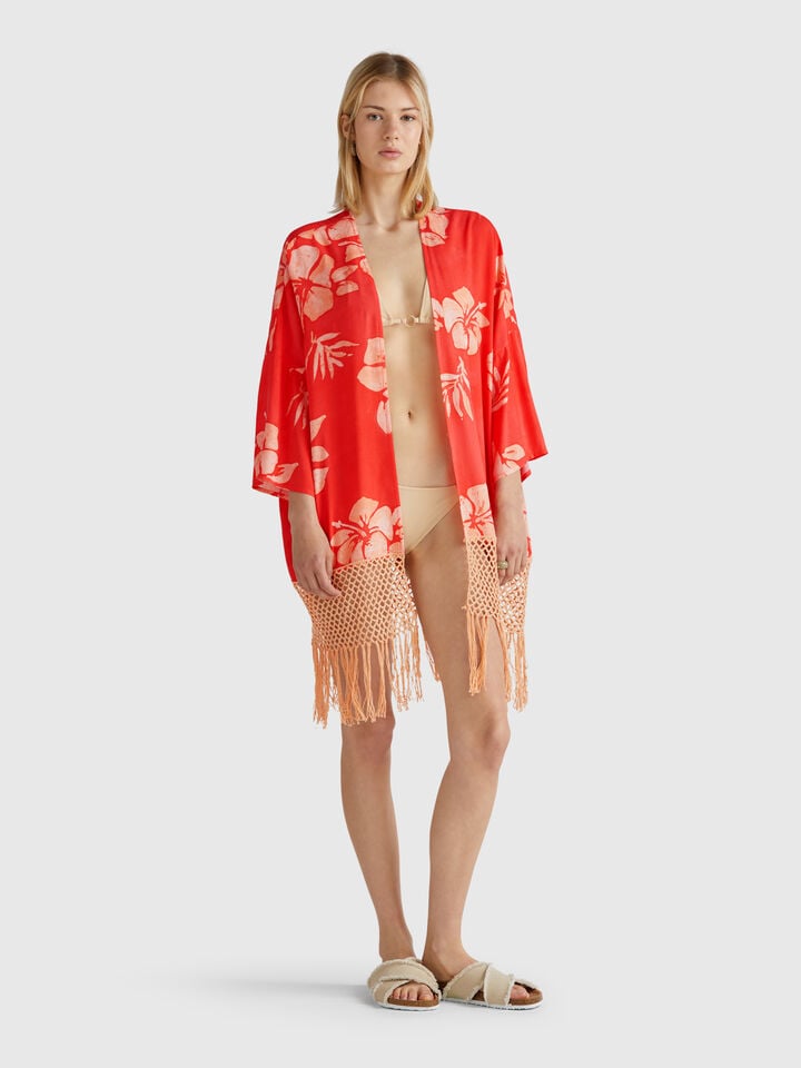benetton Kimono sweater with floral print Orange Coral