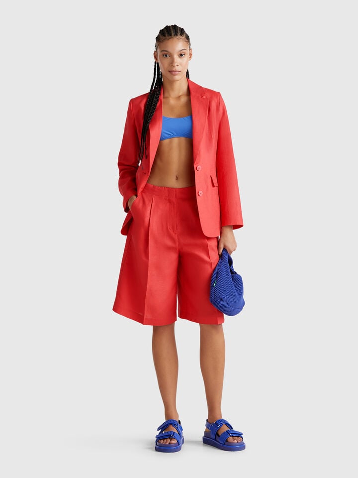 Benetton Knee-length Bermudas In Linen Blend Brick Red