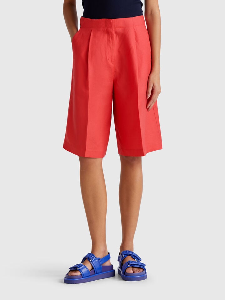 benetton Knee-length bermudas in linen blend Brick Red