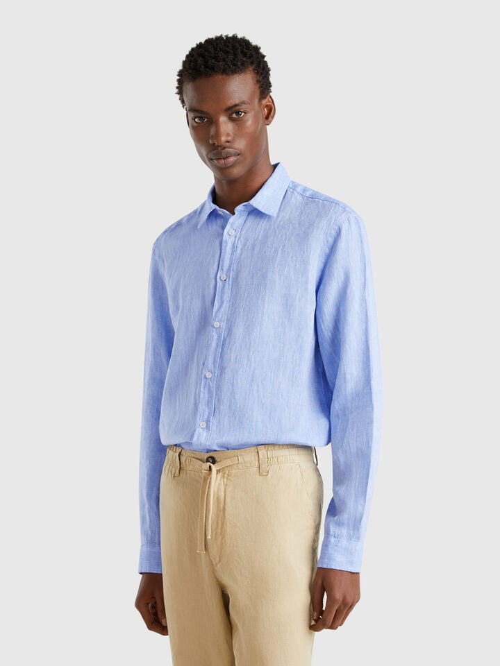 Benetton Light Blue Patterned Shirt In Pure Linen Sky Blue