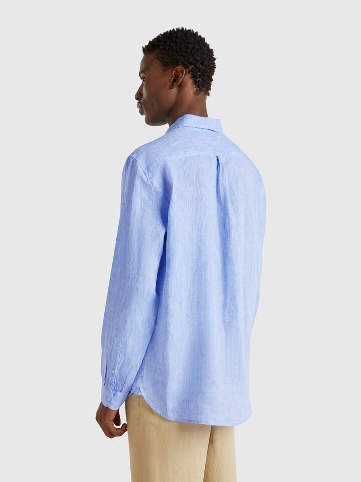 Benetton Light Blue Patterned Shirt In Pure Linen Sky Blue