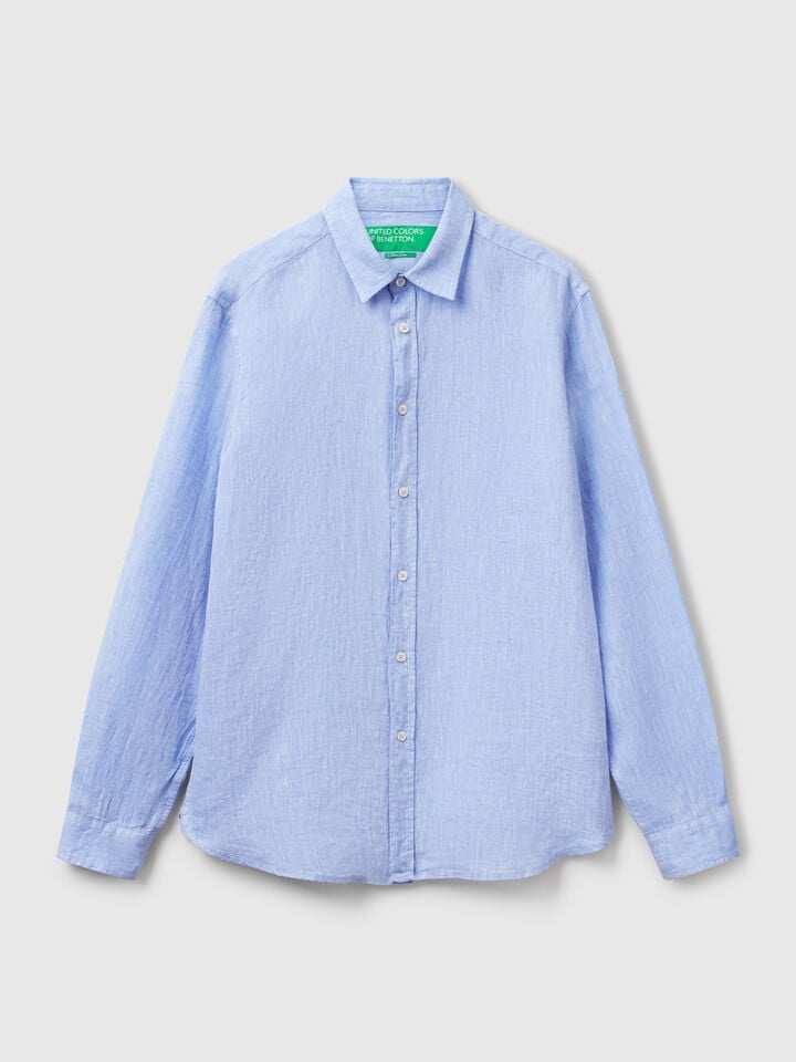 Benetton Light Blue Patterned Shirt In Pure Linen Sky Blue