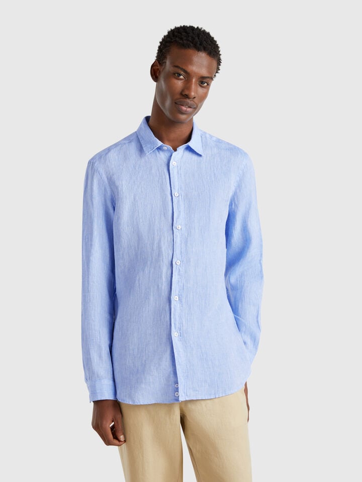 benetton Light blue patterned shirt in pure linen Sky Blue