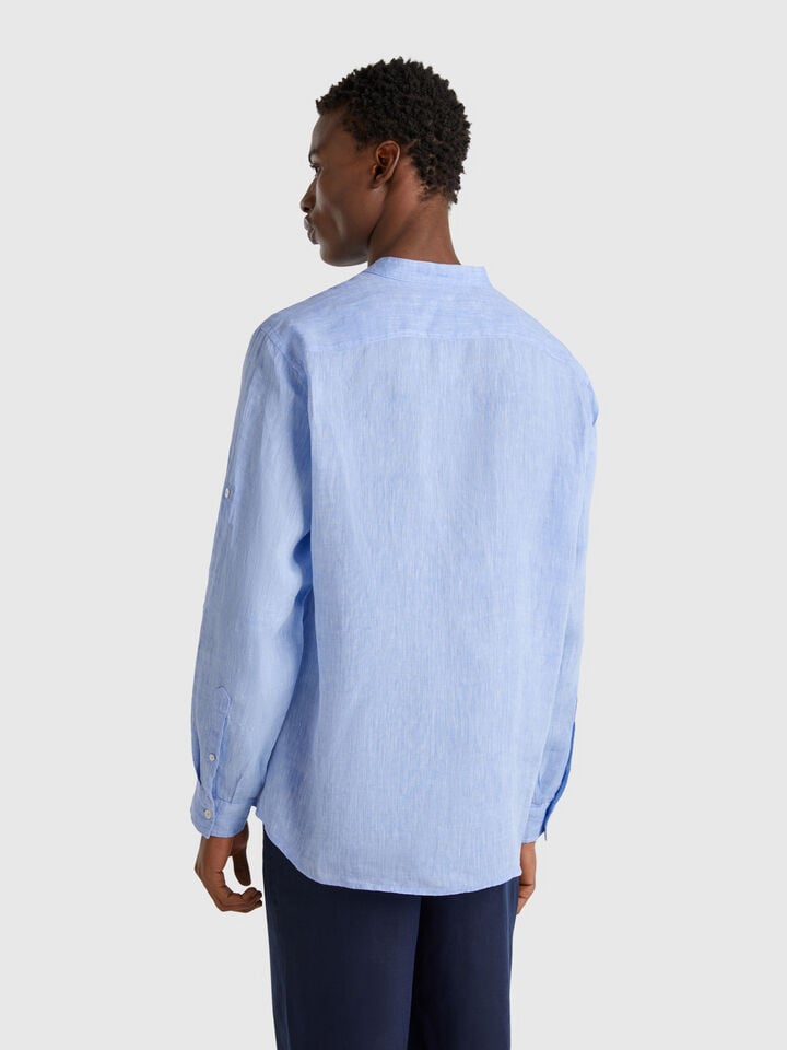 Benetton Linen Short With Mandarin Collar Light Blue