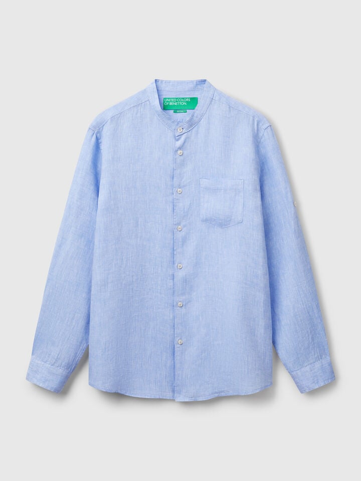 Benetton Linen Short With Mandarin Collar Light Blue