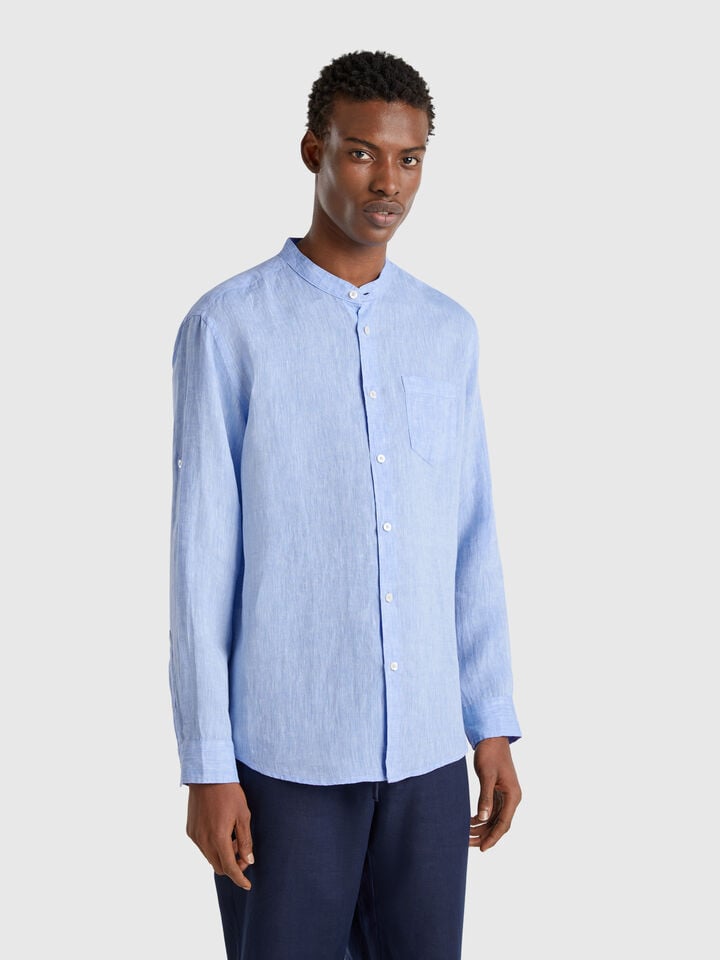 benetton Linen short with Mandarin collar Light Blue