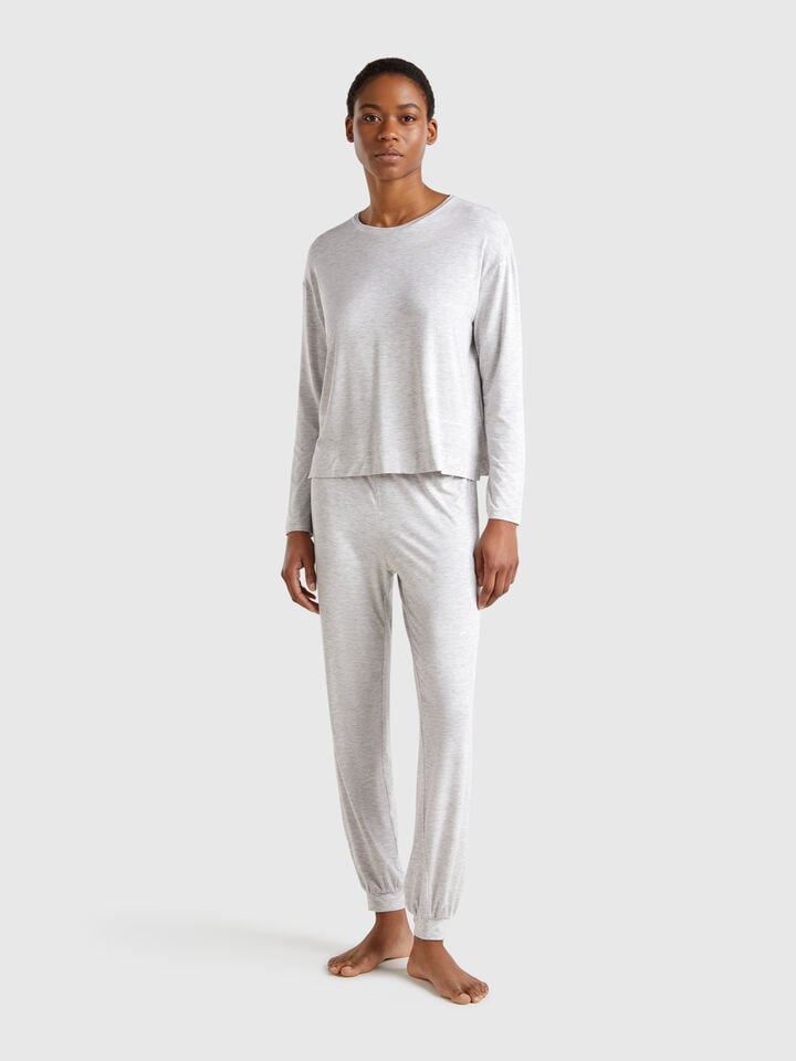 Benetton Long Sleeve T-shirt In Stretch Modal Light Gray