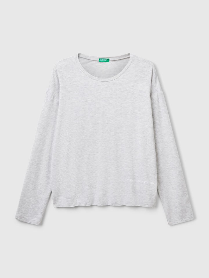 Benetton Long Sleeve T-shirt In Stretch Modal Light Gray