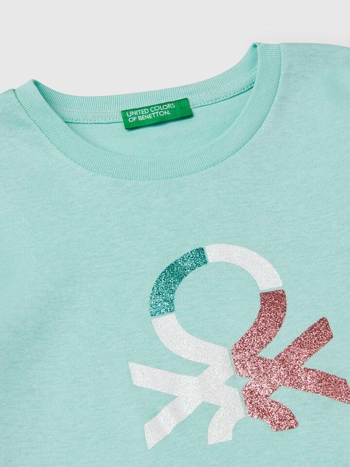 Benetton Long Sleeve T-shirt With Glittery Print Aqua
