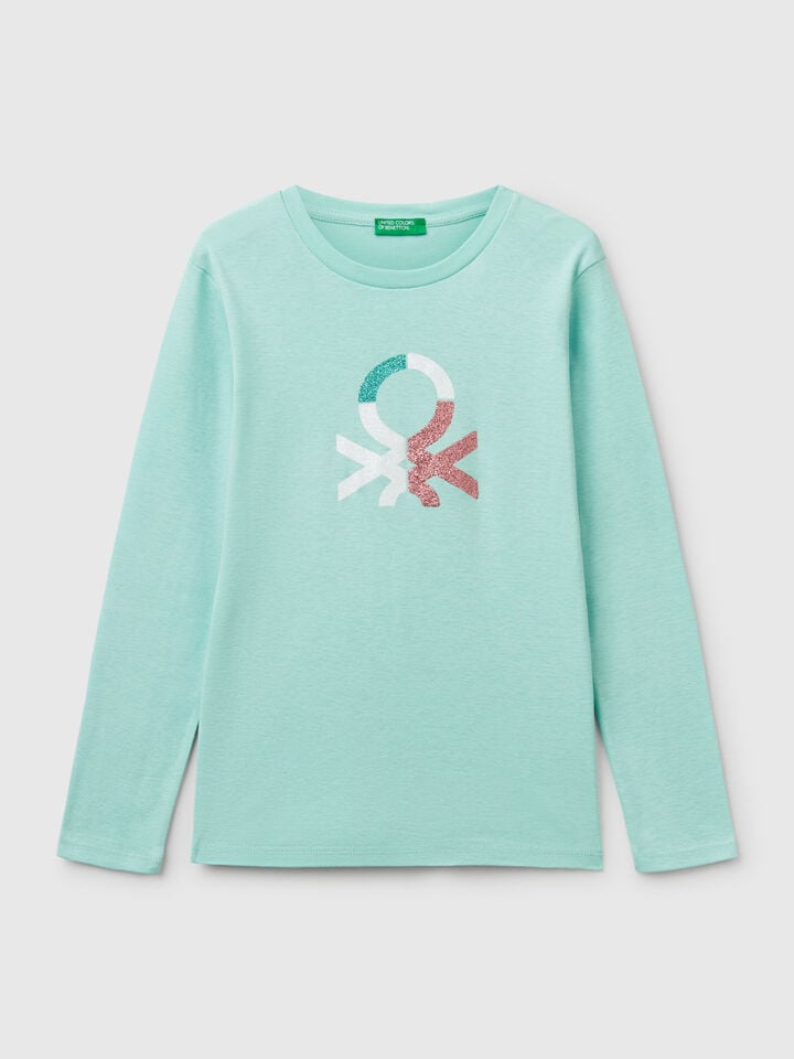 benetton Long sleeve t-shirt with glittery print Aqua