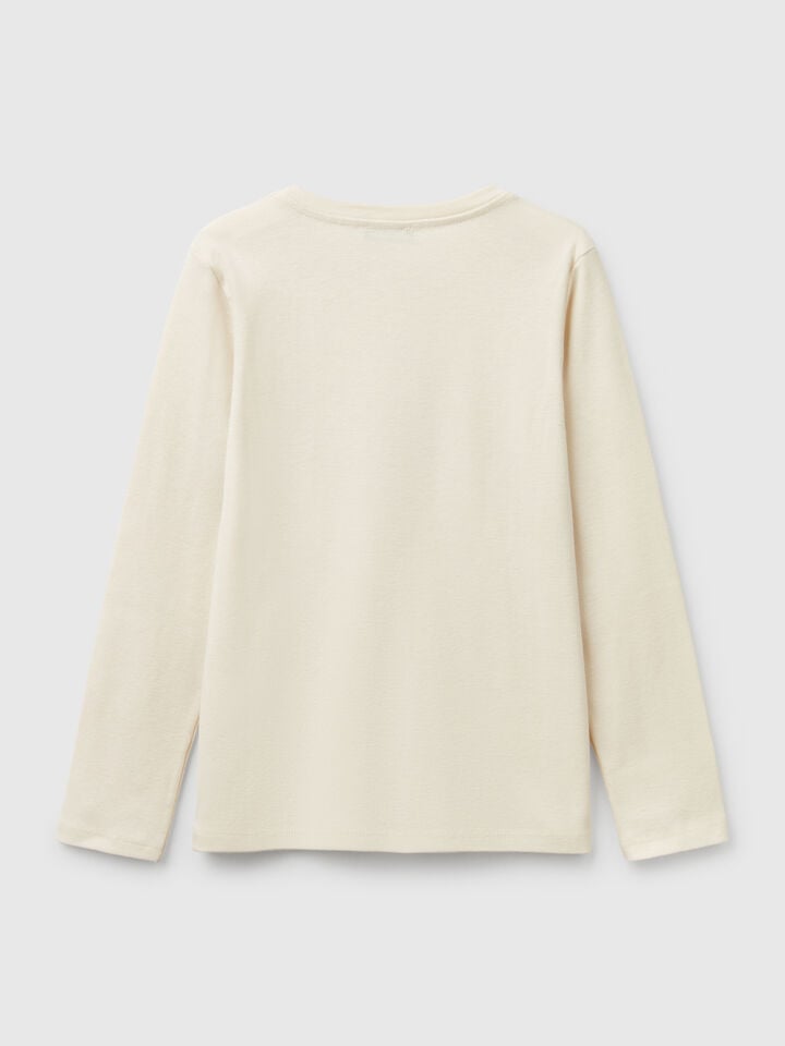 Benetton Long Sleeve T-shirt With Glittery Print Creamy White