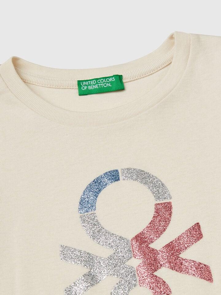 Benetton Long Sleeve T-shirt With Glittery Print Creamy White