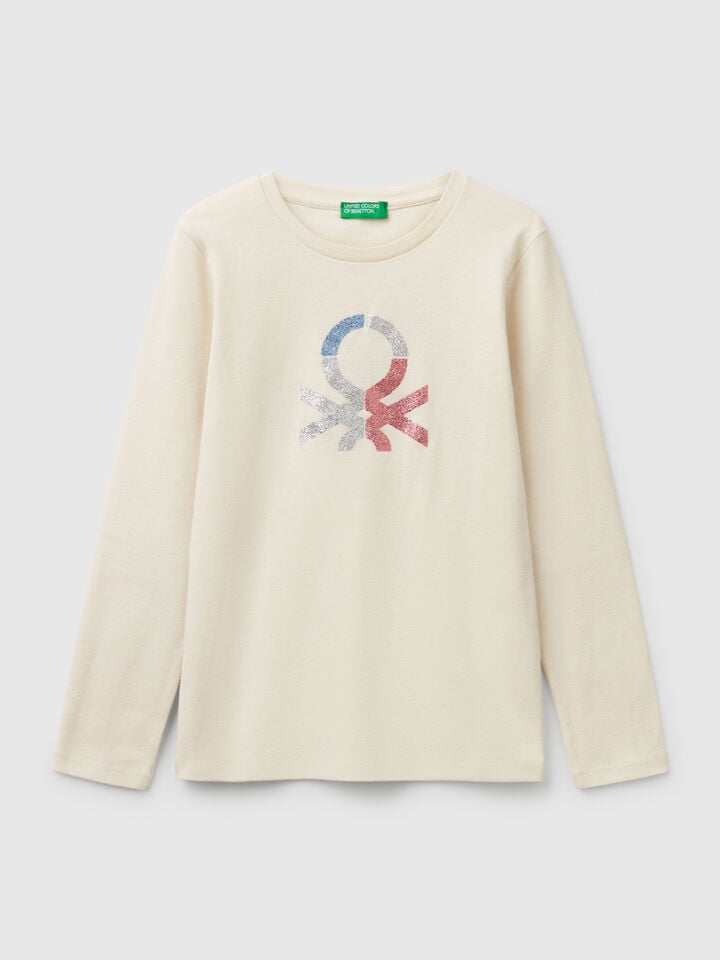 benetton Long sleeve t-shirt with glittery print Creamy White