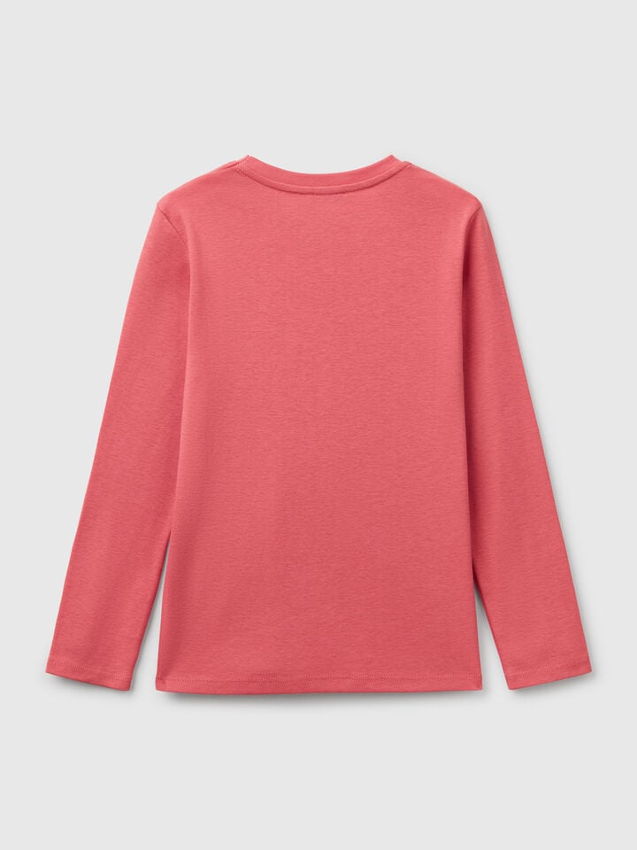 Benetton Long Sleeve T-shirt With Glittery Print Cyclamen