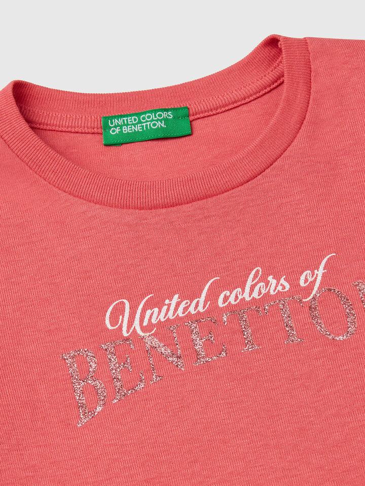 Benetton Long Sleeve T-shirt With Glittery Print Cyclamen