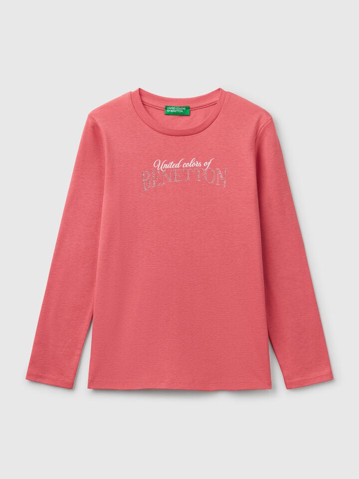 benetton Long sleeve t-shirt with glittery print Cyclamen