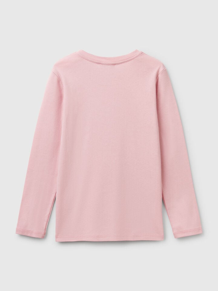 Benetton Long Sleeve T-shirt With Glittery Print Pink