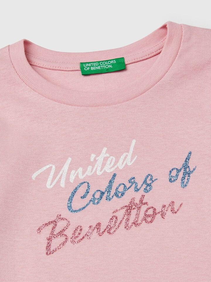 Benetton Long Sleeve T-shirt With Glittery Print Pink