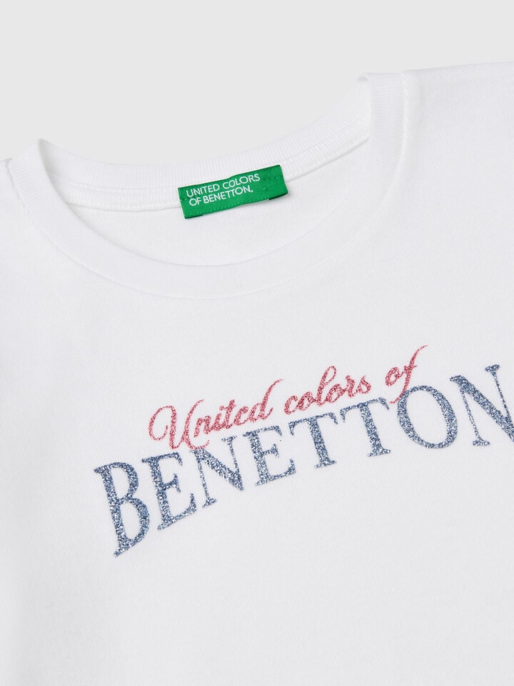 Benetton Long Sleeve T-shirt With Glittery Print White