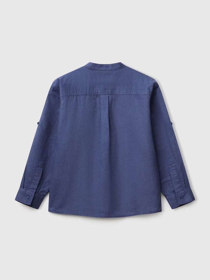 Benetton Mandarin Collar Shirt In Linen Blend Air Force Blue