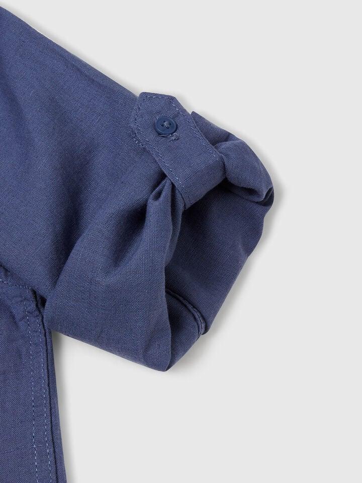 Benetton Mandarin Collar Shirt In Linen Blend Air Force Blue