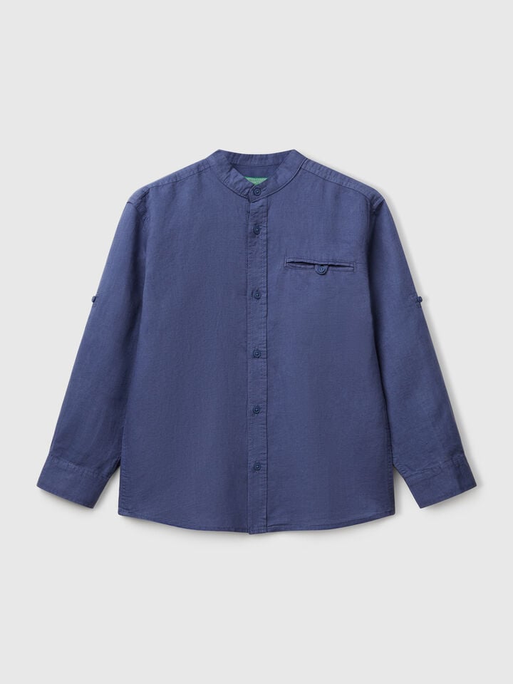 benetton Mandarin collar shirt in linen blend Air Force Blue