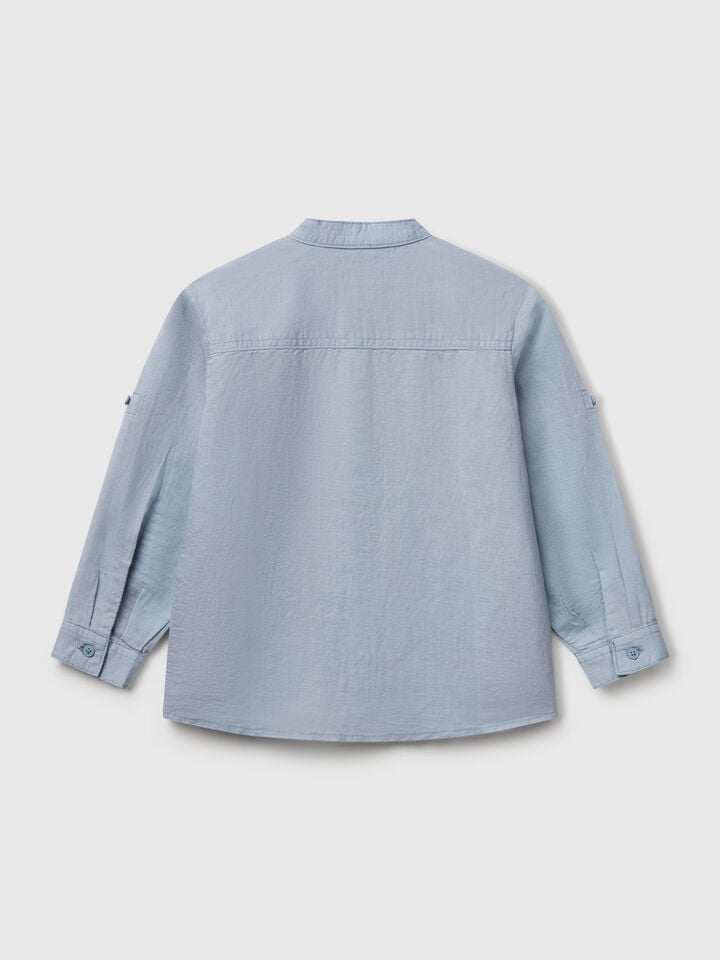 Benetton Mandarin Collar Shirt In Linen Blend Light Blue