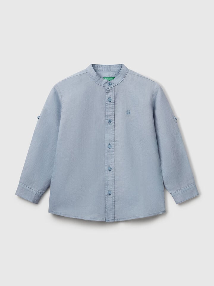Benetton Mandarin Collar Shirt In Linen Blend Light Blue