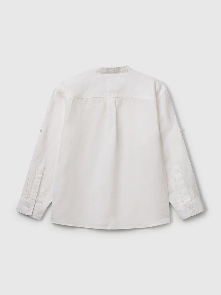 Benetton Mandarin Collar Shirt In Linen Blend White