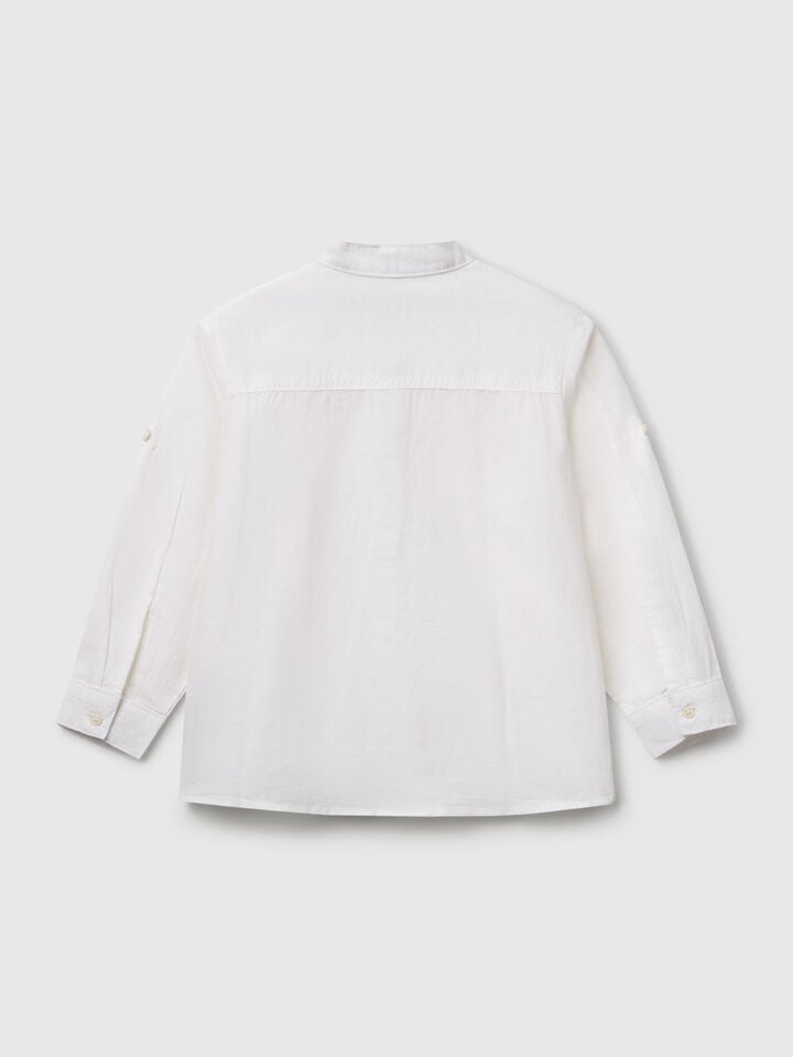 Benetton Mandarin Collar Shirt In Linen Blend White