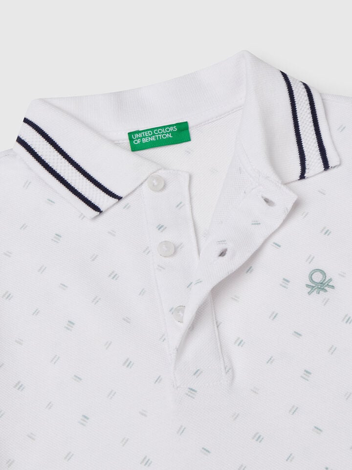 Benetton Micro Patterned Polo Shirt In Pure Cotton White