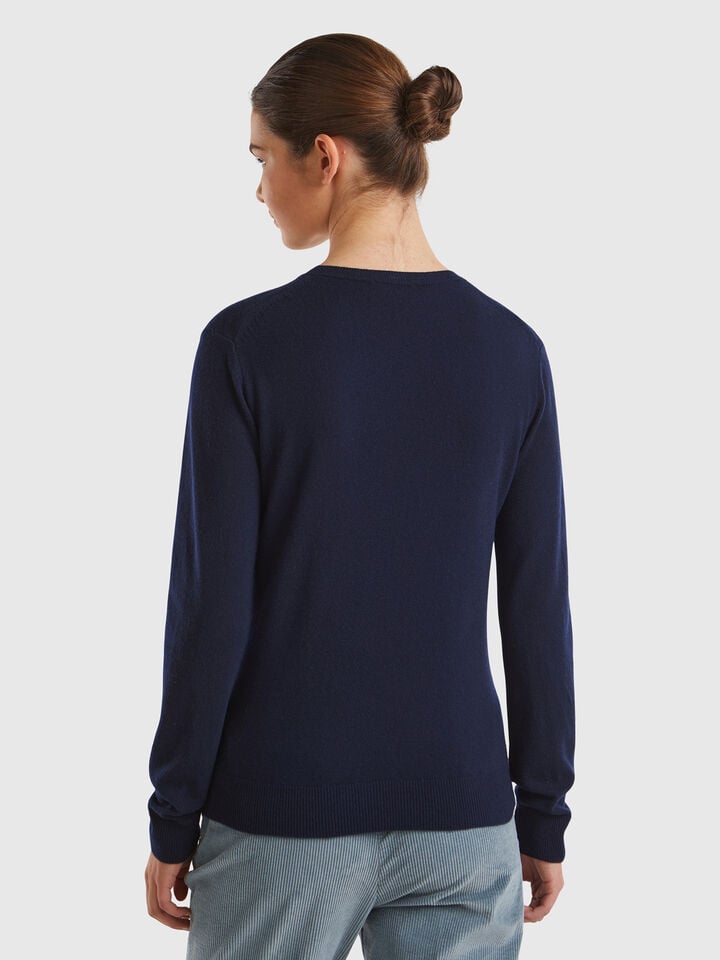 Benetton Midnight Blue Crew Neck Sweater In Merino Wool Dark Blue