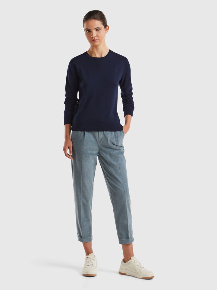 Benetton Midnight Blue Crew Neck Sweater In Merino Wool Dark Blue