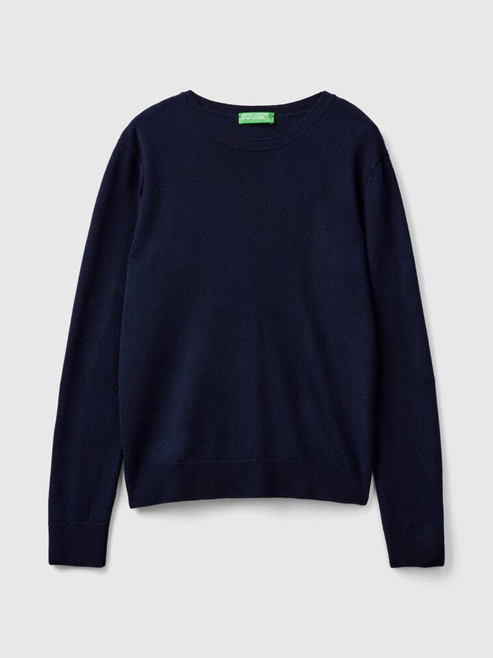 Benetton Midnight Blue Crew Neck Sweater In Merino Wool Dark Blue
