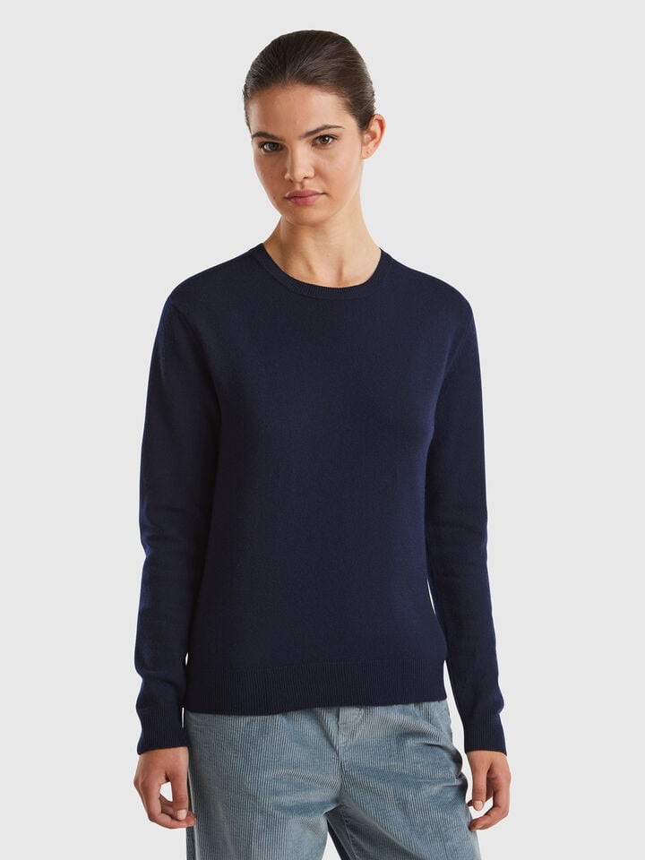 benetton Midnight blue crew neck sweater in Merino wool Dark Blue