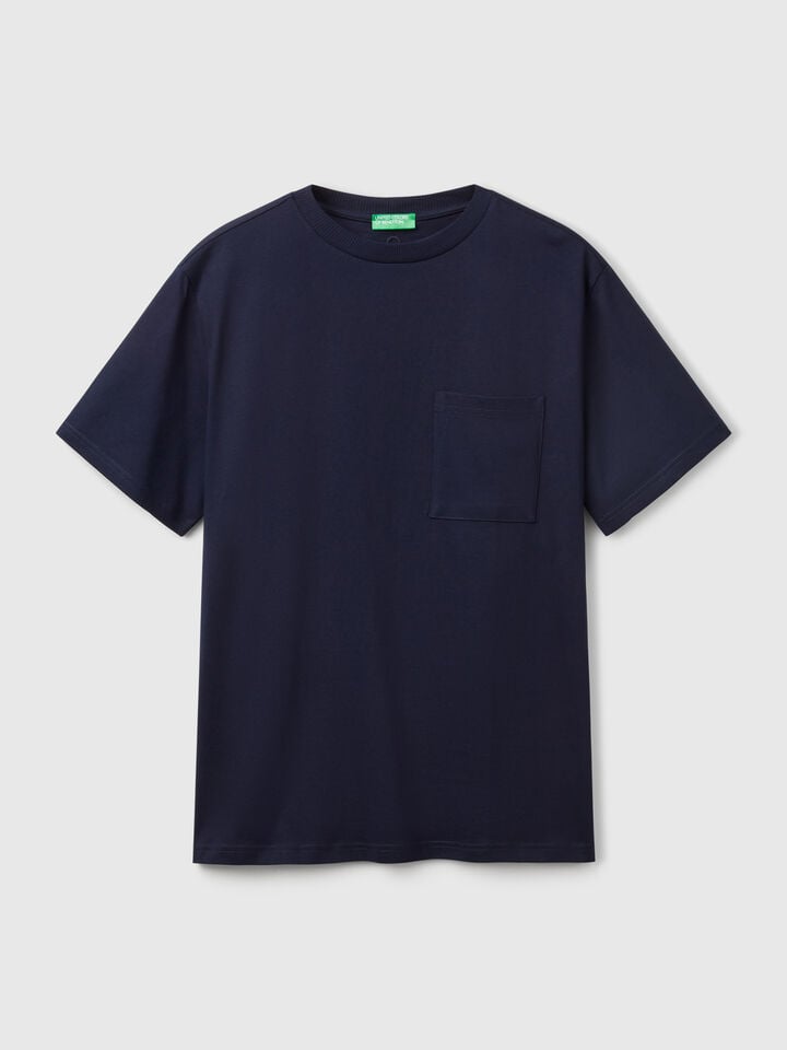 Benetton Midnight Blue Organic Cotton T-shirt With Pocket Dark Blue