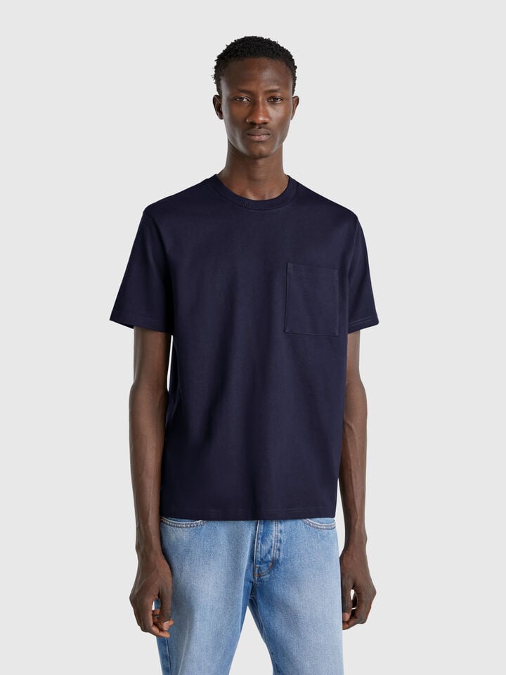 benetton Midnight blue organic cotton t-shirt with pocket Dark Blue