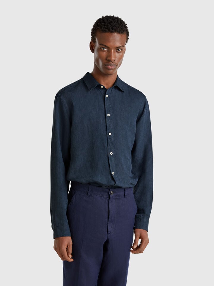 Benetton Midnight Blue Patterned Shirt In Pure Linen Dark Blue