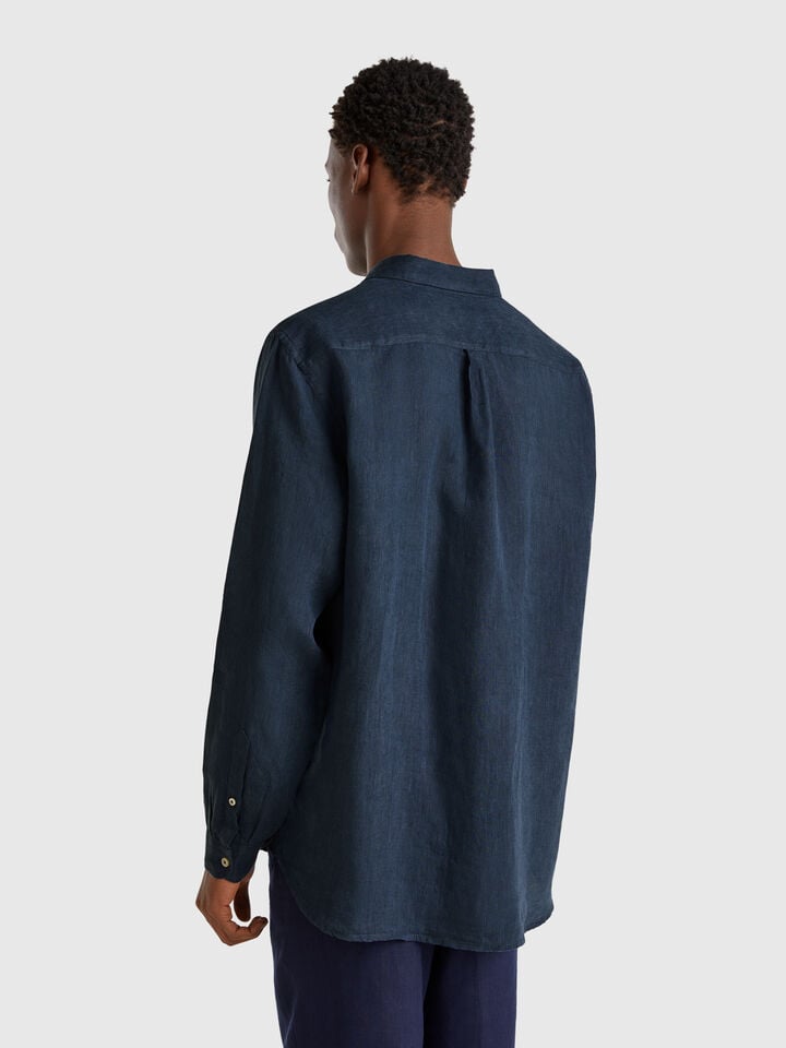 Benetton Midnight Blue Patterned Shirt In Pure Linen Dark Blue