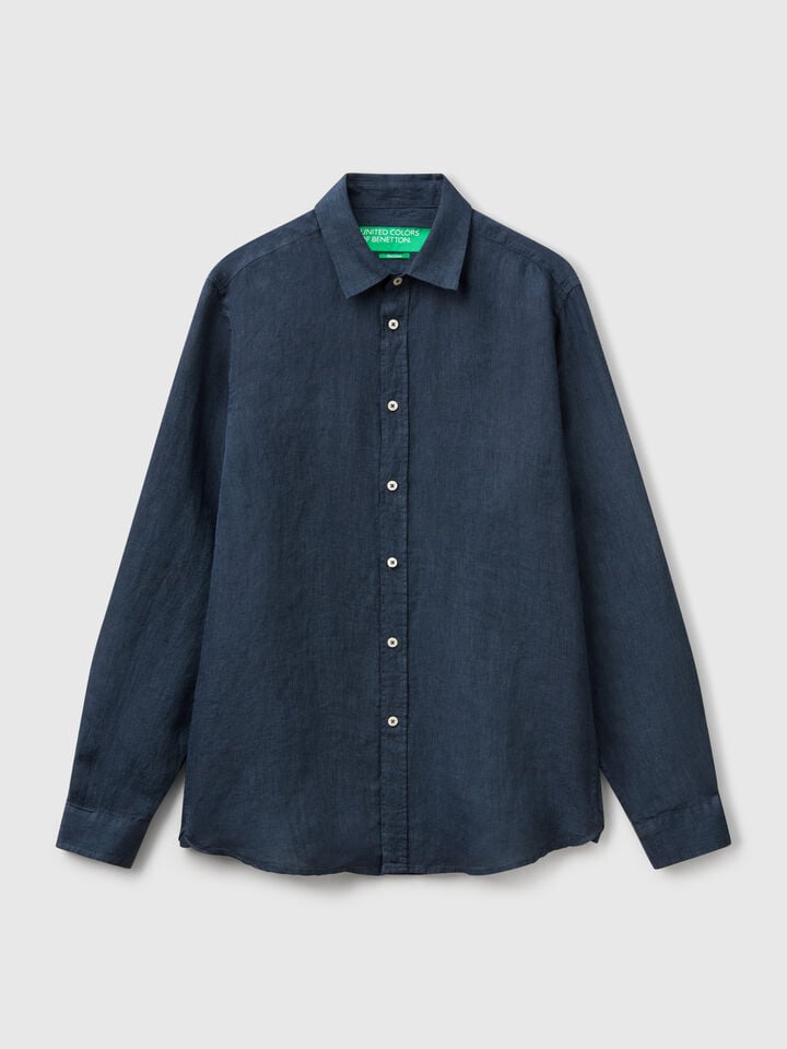 Benetton Midnight Blue Patterned Shirt In Pure Linen Dark Blue