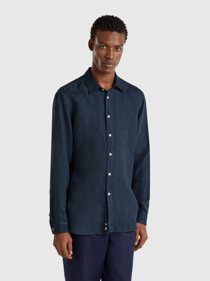 benetton Midnight blue patterned shirt in pure linen Dark Blue