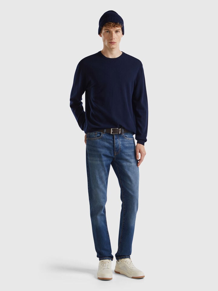 Benetton Midnight Blue Sweater In Pure Merino Wool Dark Blue
