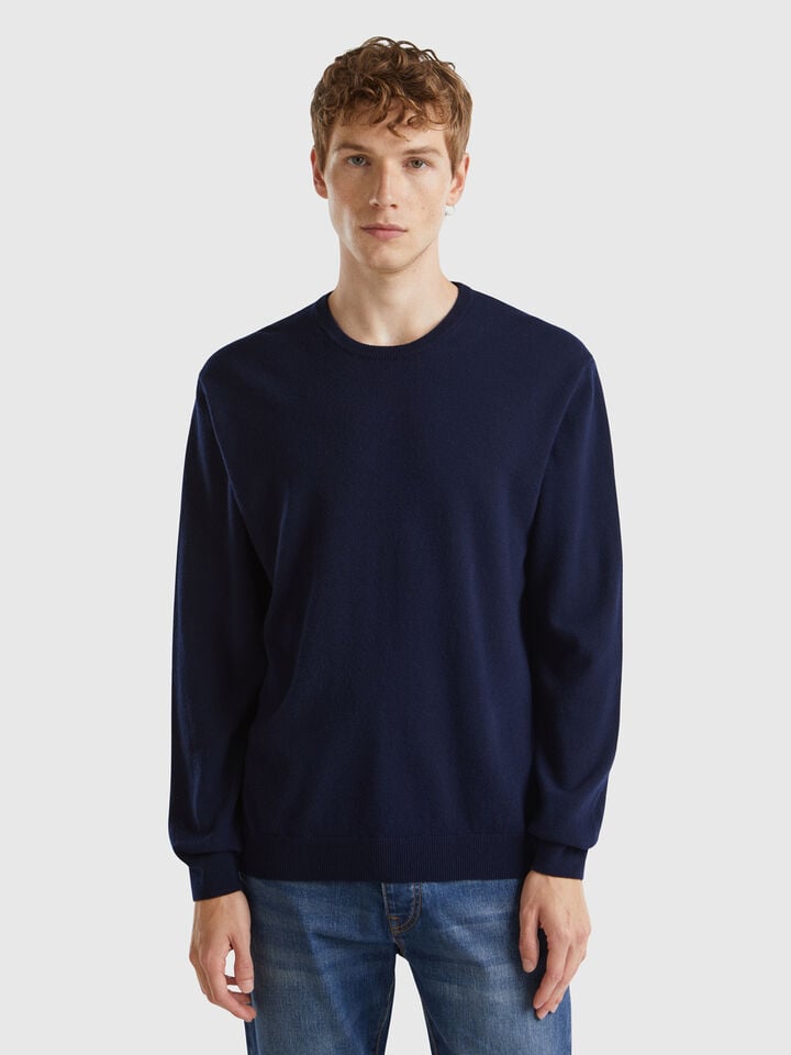 benetton Midnight blue sweater in pure Merino wool Dark Blue