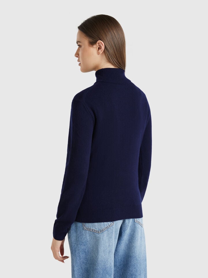 Benetton Midnight Blue Turtleneck Sweater In Pure Merino Wool Dark Blue