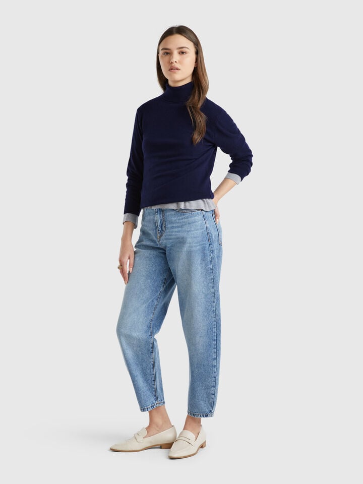 Benetton Midnight Blue Turtleneck Sweater In Pure Merino Wool Dark Blue