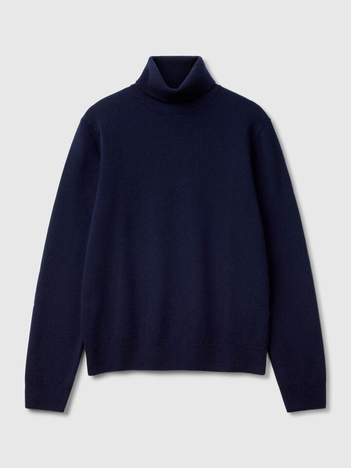 Benetton Midnight Blue Turtleneck Sweater In Pure Merino Wool Dark Blue