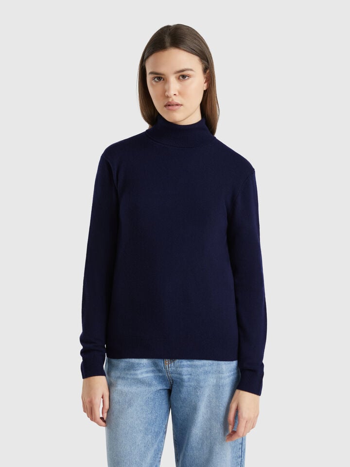 benetton Midnight blue turtleneck sweater in pure Merino wool Dark Blue