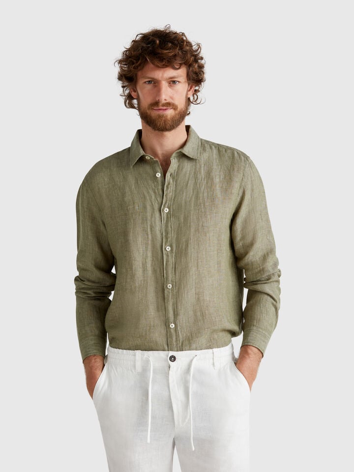 Benetton Military Green Shirt In Pure Linen Military Green