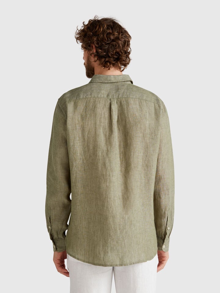 Benetton Military Green Shirt In Pure Linen Military Green